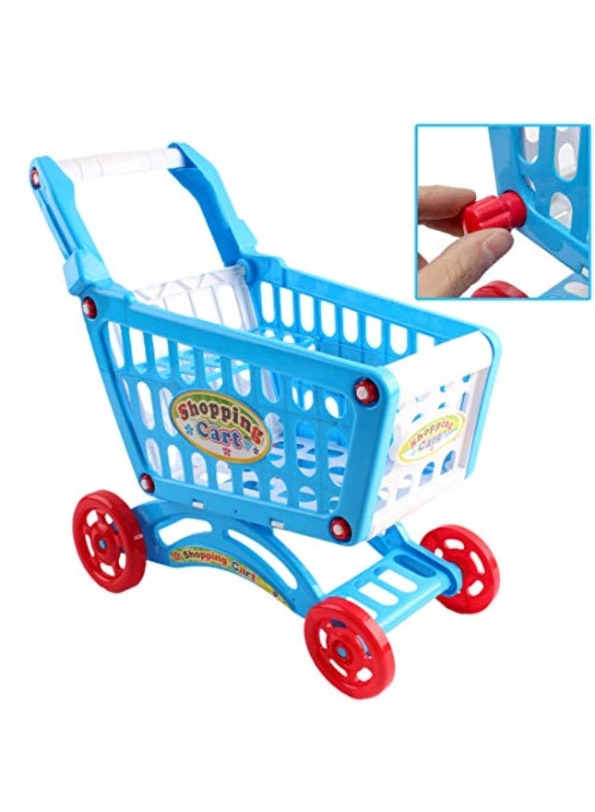 deAO Kids Shopping Cart Trolley Play Set Includes 78 Grocery Food Fruit Vegetables Shop Accessories (Blue)