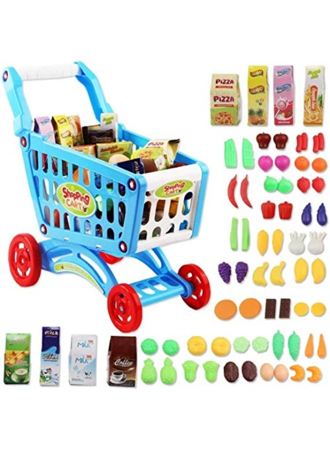 deAO Kids Shopping Cart Trolley Play Set Includes 78 Grocery Food Fruit Vegetables Shop Accessories (Blue)