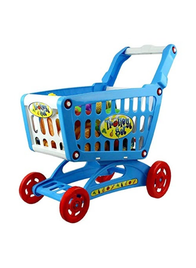 deAO Kids Shopping Cart Trolley Play Set Includes 78 Grocery Food Fruit Vegetables Shop Accessories (Blue)