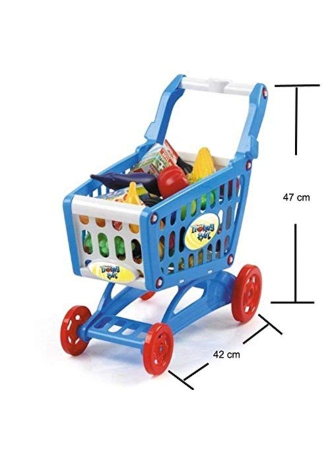 deAO Kids Shopping Cart Trolley Play Set Includes 78 Grocery Food Fruit Vegetables Shop Accessories (Blue)