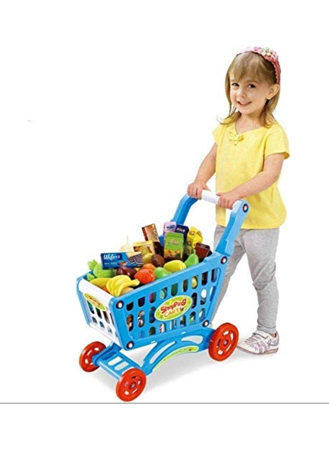 deAO Kids Shopping Cart Trolley Play Set Includes 78 Grocery Food Fruit Vegetables Shop Accessories (Blue)