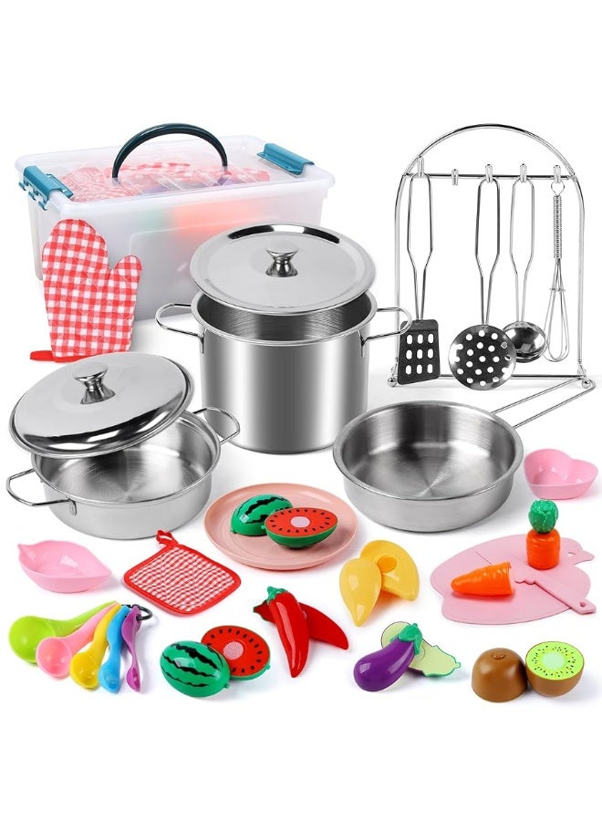 CUTE STONE Pretend Play Kitchen Accessories Toy, Kids Kitchen Playset with Stainless Steel Play Pots and Pans, Cutting Play Food. Storage Box, Cooking Utensils, Kids Cooking Set for Boys Girls