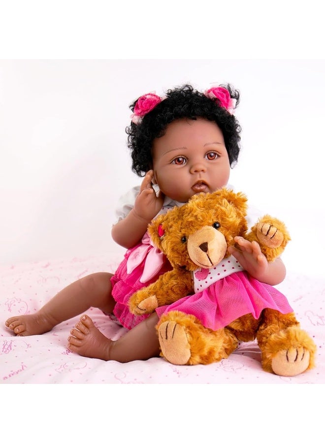 Aori Reborn Baby Dolls Black Lifelike African American Reborn Girl Doll 22 Inch Weighted Biracial Newborn Baby with Teddy Set for Girls Age 3