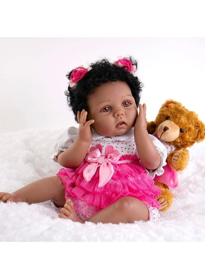 Aori Reborn Baby Dolls Black Lifelike African American Reborn Girl Doll 22 Inch Weighted Biracial Newborn Baby with Teddy Set for Girls Age 3