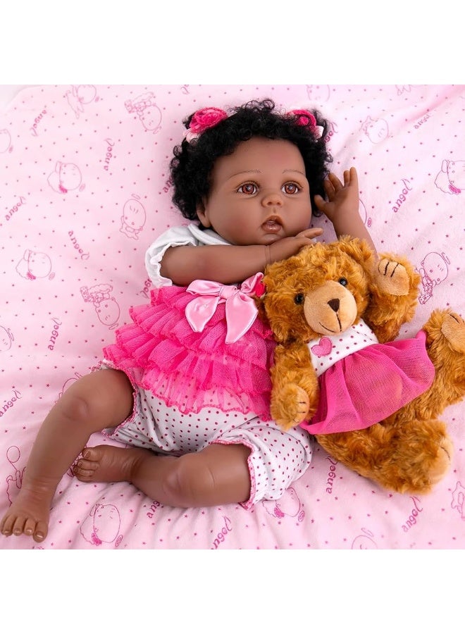 Aori Reborn Baby Dolls Black Lifelike African American Reborn Girl Doll 22 Inch Weighted Biracial Newborn Baby with Teddy Set for Girls Age 3