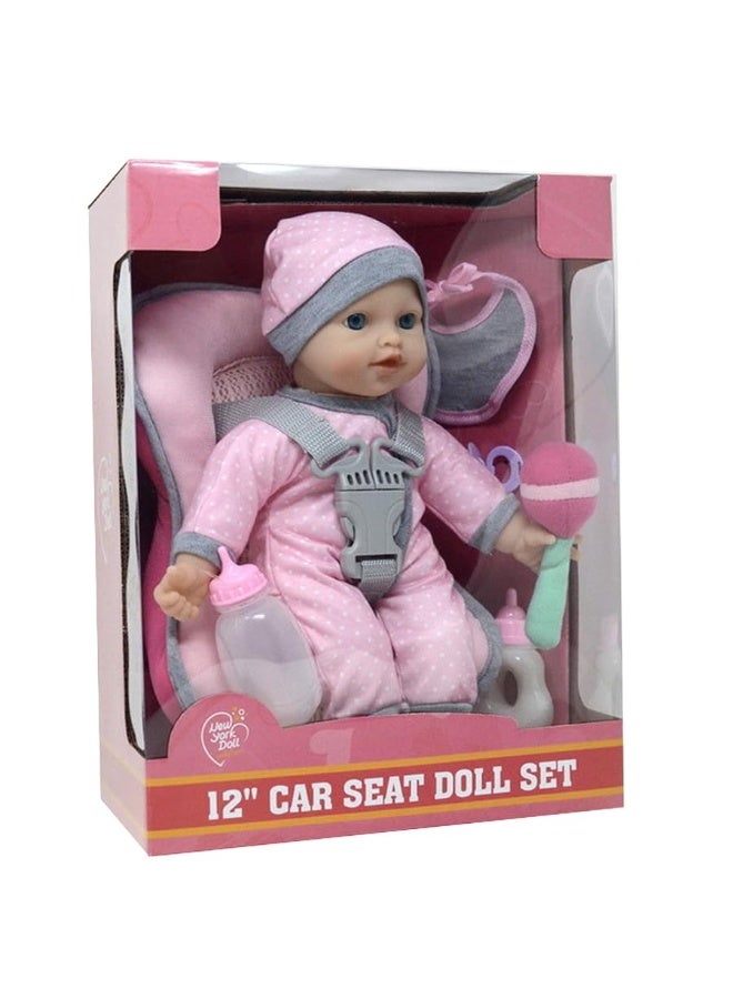 Doll Travel PlaySet - Baby Doll Car Seat Carrier Backpack with 12 Inch Soft Body Doll Includes Doll Bottles and Toy Accessories â€¦ (Caucasian)