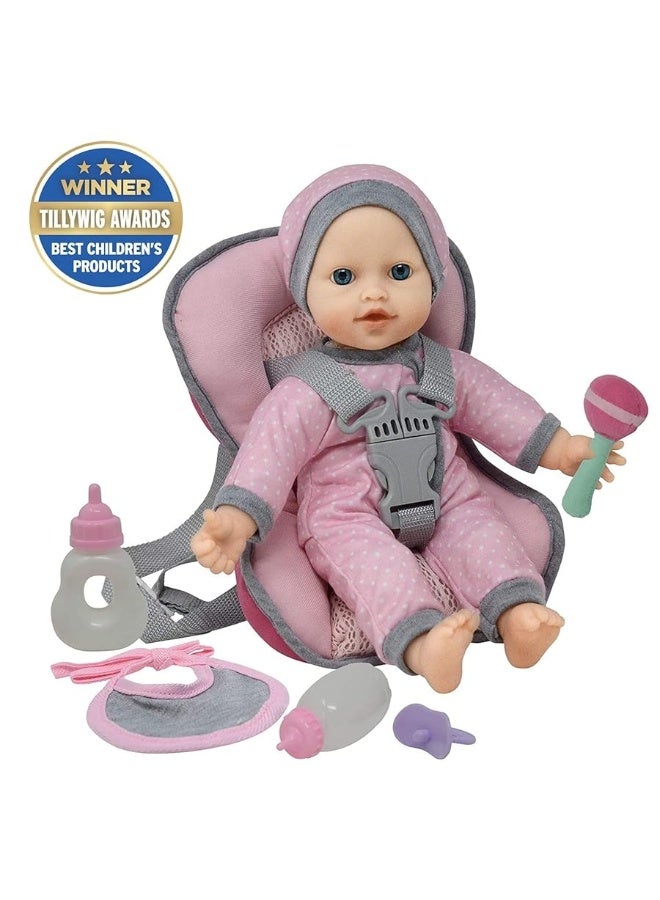 Doll Travel PlaySet - Baby Doll Car Seat Carrier Backpack with 12 Inch Soft Body Doll Includes Doll Bottles and Toy Accessories â€¦ (Caucasian)