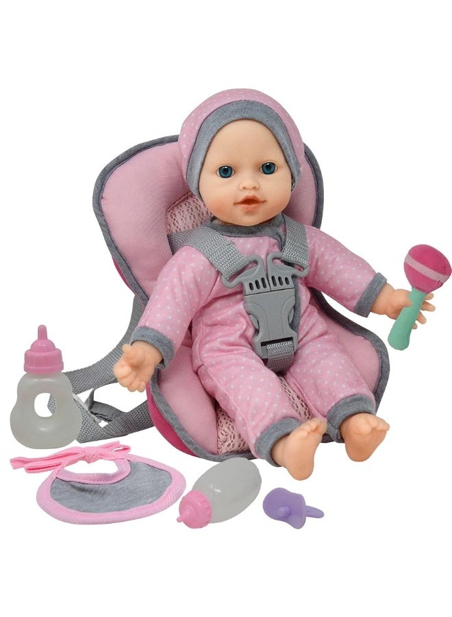 Doll Travel PlaySet - Baby Doll Car Seat Carrier Backpack with 12 Inch Soft Body Doll Includes Doll Bottles and Toy Accessories â€¦ (Caucasian)