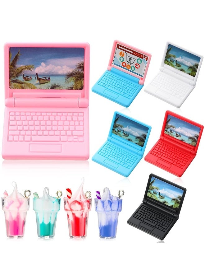 6 Pieces 1:12 Dollhouse Mini Laptop and 4 Pieces Mini Bottle Ice Cream Simulation Notebook Lovely Folding Laptop Model for DIY Dolls House Furniture Accessories (Pink, Red, Purple, Green)