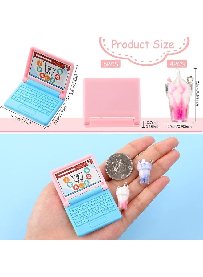 6 Pieces 1:12 Dollhouse Mini Laptop and 4 Pieces Mini Bottle Ice Cream Simulation Notebook Lovely Folding Laptop Model for DIY Dolls House Furniture Accessories (Pink, Red, Purple, Green)