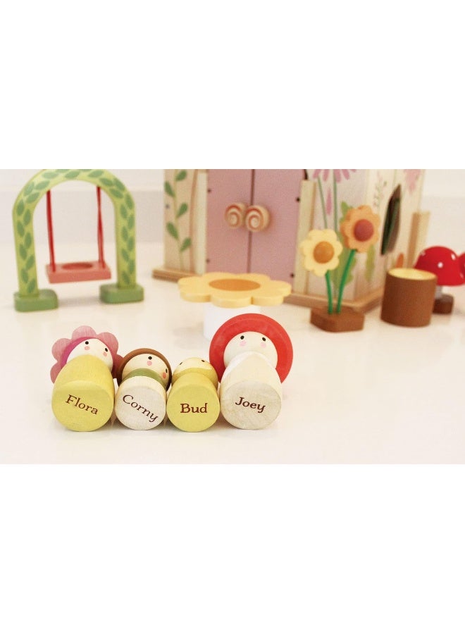 Tender Leaf Toys - Rosewood Cottage - Portable Furnished Wooden 2-Story Dollhouse Set with Handle, 4 Pcs Miniature Toadstool Family with 10 Accessories - Pretend Play Gift for Kids - Age 3+