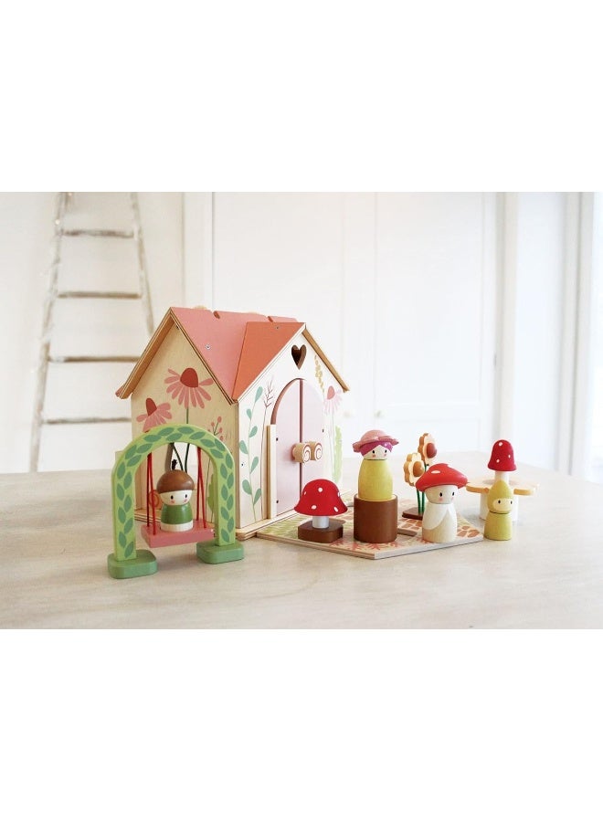 Tender Leaf Toys - Rosewood Cottage - Portable Furnished Wooden 2-Story Dollhouse Set with Handle, 4 Pcs Miniature Toadstool Family with 10 Accessories - Pretend Play Gift for Kids - Age 3+