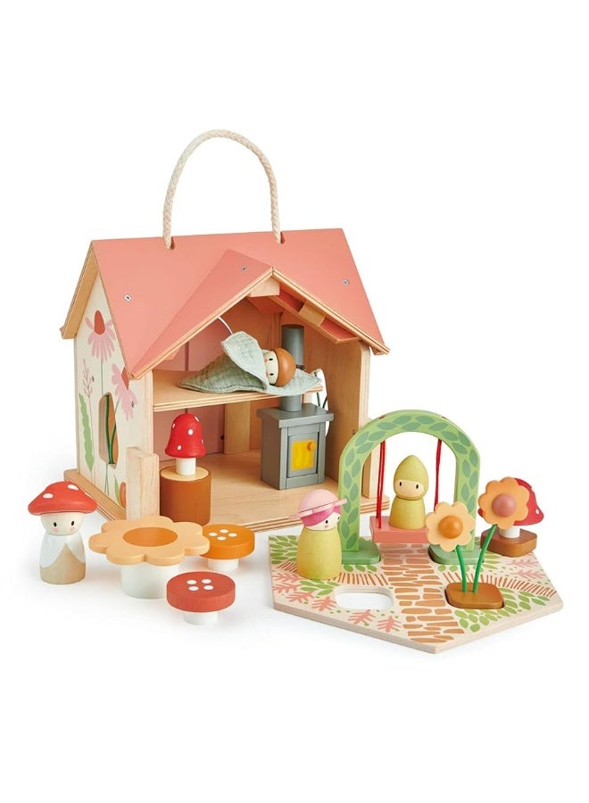 Tender Leaf Toys - Rosewood Cottage - Portable Furnished Wooden 2-Story Dollhouse Set with Handle, 4 Pcs Miniature Toadstool Family with 10 Accessories - Pretend Play Gift for Kids - Age 3+