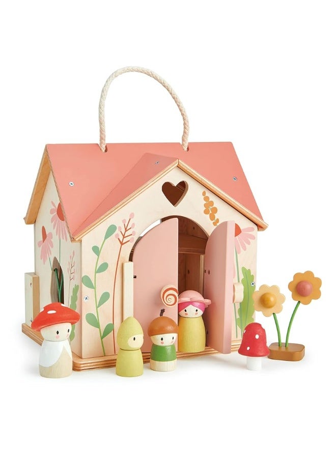 Tender Leaf Toys - Rosewood Cottage - Portable Furnished Wooden 2-Story Dollhouse Set with Handle, 4 Pcs Miniature Toadstool Family with 10 Accessories - Pretend Play Gift for Kids - Age 3+