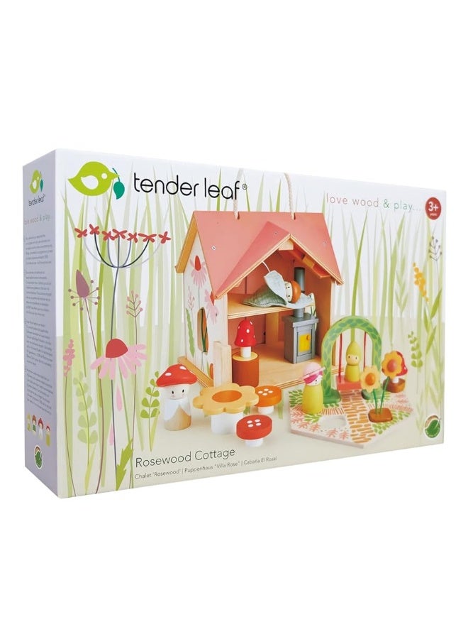 Tender Leaf Toys - Rosewood Cottage - Portable Furnished Wooden 2-Story Dollhouse Set with Handle, 4 Pcs Miniature Toadstool Family with 10 Accessories - Pretend Play Gift for Kids - Age 3+