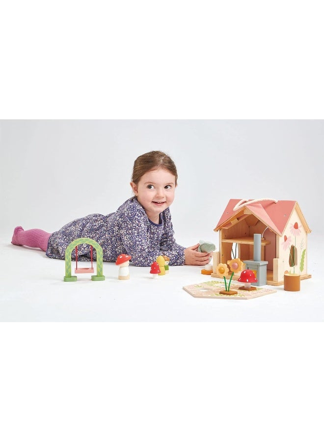 Tender Leaf Toys - Rosewood Cottage - Portable Furnished Wooden 2-Story Dollhouse Set with Handle, 4 Pcs Miniature Toadstool Family with 10 Accessories - Pretend Play Gift for Kids - Age 3+