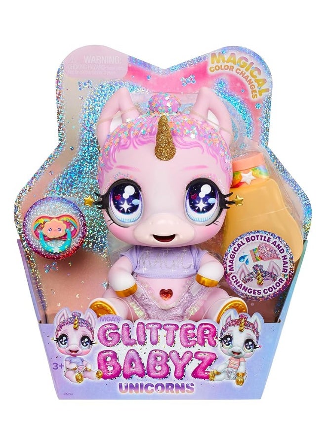 MGA Entertainment Glitter Babyz Jewels Daydreamer Unicorn Baby Doll with Magical Color Changes, Lavender Glitter Hair, â€œMagicâ€ Outfit, Diaper, Shampoo Bottle, Pacifier Accessories Gift, Ages 3 4 5+