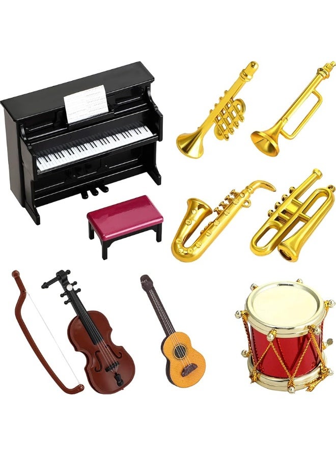 Dollhouse Miniature Musical Instrument Set in 1:12 Scale, Mini Dollhouse Musical Instrument Model Includes Violin Piano Trumpet Saxophone Electric Guitar, Model Accessory for Dollhouse Mini Music Room