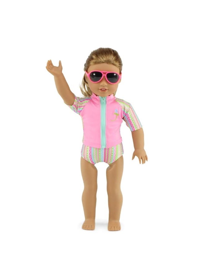 Emily Rose Doll Clothes | 18-inch Doll 7 PC Surfer Swimming Bathing Suit Beach Set, Includes Sunglasses and 18-in Doll Shoes! | Compatible with 18