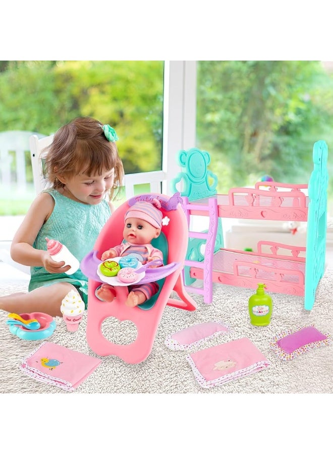 deAO Baby Doll Accessories Bunk Bed Doll Crib & High Chair,Doll Furnitures Toy Bed Doll Crib for Twin Dolls fits 12 13 14 Inch,Great Pretend Play Toy for 3 4 5+ Girls