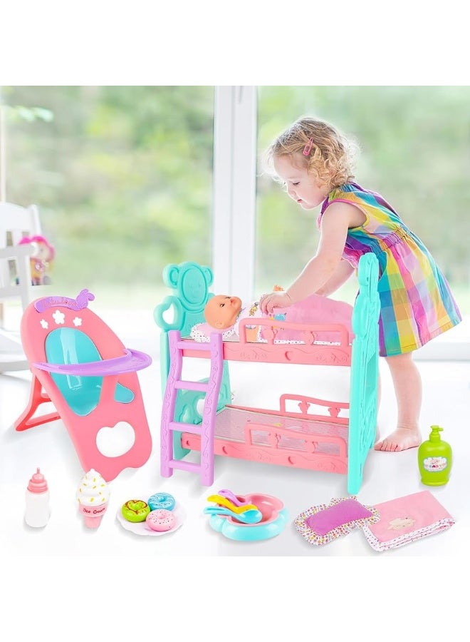 deAO Baby Doll Accessories Bunk Bed Doll Crib & High Chair,Doll Furnitures Toy Bed Doll Crib for Twin Dolls fits 12 13 14 Inch,Great Pretend Play Toy for 3 4 5+ Girls