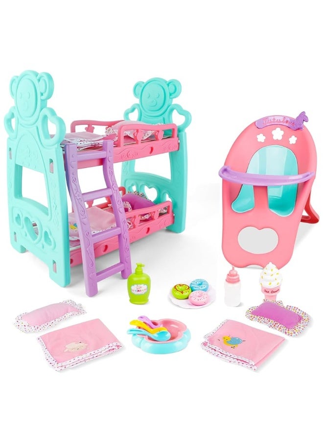 deAO Baby Doll Accessories Bunk Bed Doll Crib & High Chair,Doll Furnitures Toy Bed Doll Crib for Twin Dolls fits 12 13 14 Inch,Great Pretend Play Toy for 3 4 5+ Girls