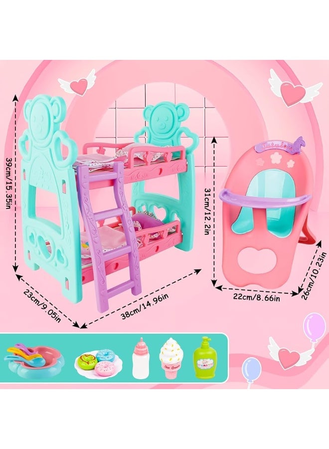 deAO Baby Doll Accessories Bunk Bed Doll Crib & High Chair,Doll Furnitures Toy Bed Doll Crib for Twin Dolls fits 12 13 14 Inch,Great Pretend Play Toy for 3 4 5+ Girls