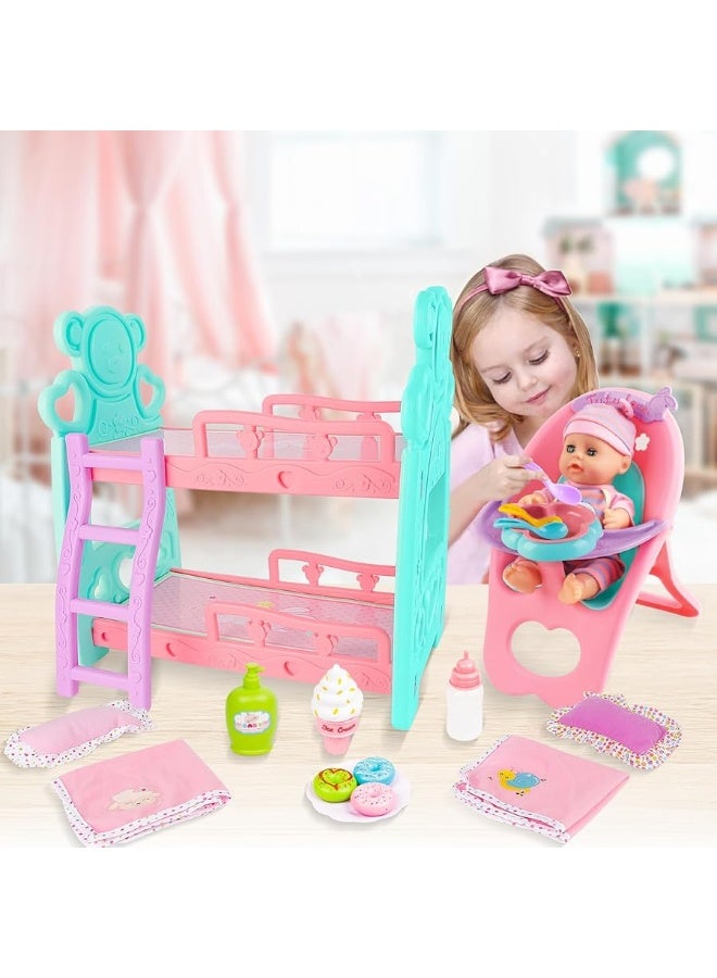 deAO Baby Doll Accessories Bunk Bed Doll Crib & High Chair,Doll Furnitures Toy Bed Doll Crib for Twin Dolls fits 12 13 14 Inch,Great Pretend Play Toy for 3 4 5+ Girls