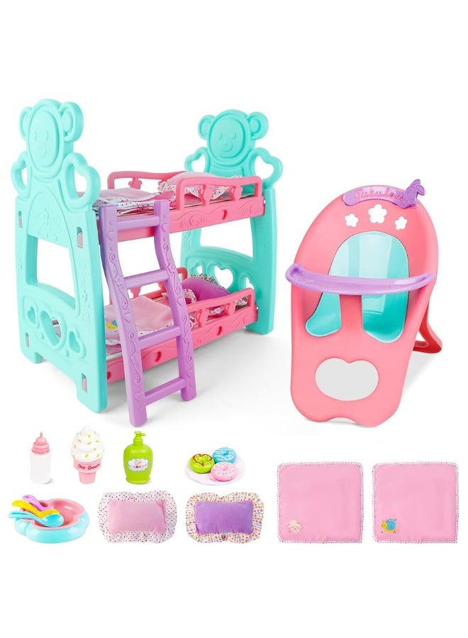 deAO Baby Doll Accessories Bunk Bed Doll Crib & High Chair,Doll Furnitures Toy Bed Doll Crib for Twin Dolls fits 12 13 14 Inch,Great Pretend Play Toy for 3 4 5+ Girls