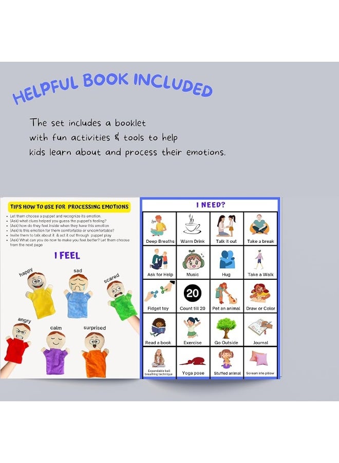 6 Pack Feeling Hand Puppets for Kids with 6 Emotions, with Moveable Arms, Soft Plush Hand Puppets for Toddlers, Early Education Toys, Social Emotional Learning Activities by 4E's Novelty