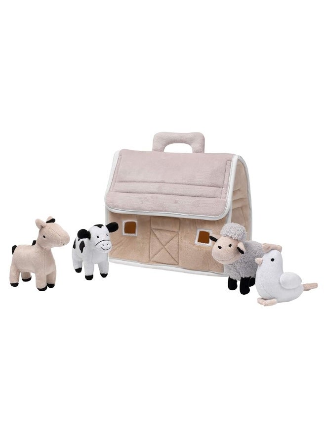 Lambs & Ivy Baby Farm Plush Barn with 4 Stuffed Animals Toy - Taupe/Gray/White