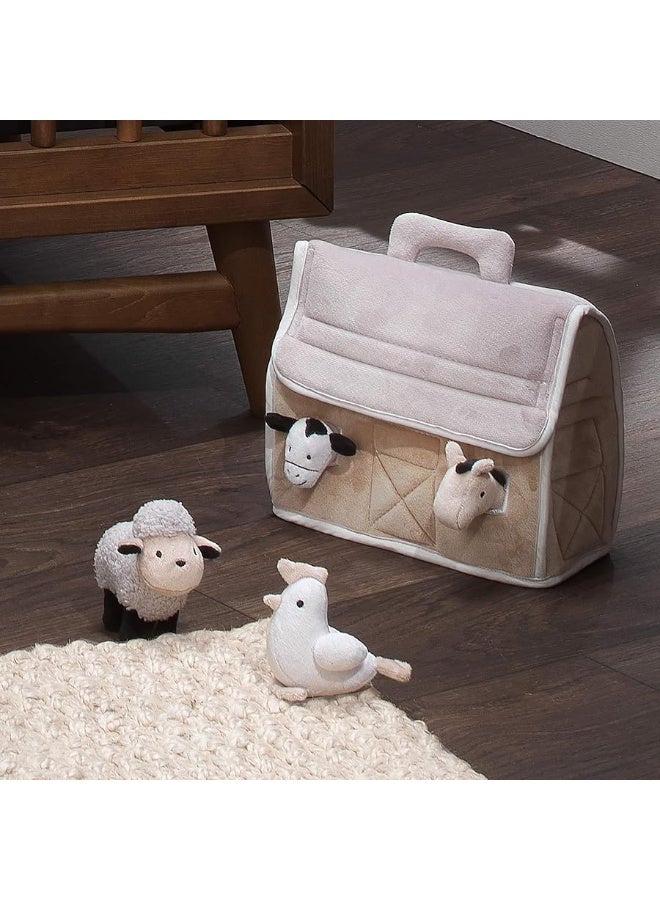 Lambs & Ivy Baby Farm Plush Barn with 4 Stuffed Animals Toy - Taupe/Gray/White