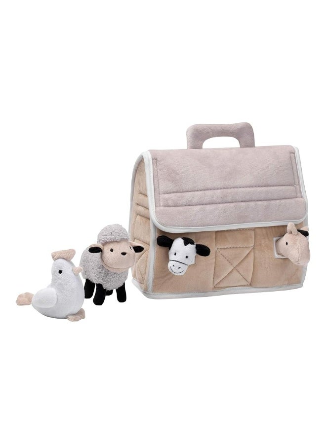 Lambs & Ivy Baby Farm Plush Barn with 4 Stuffed Animals Toy - Taupe/Gray/White