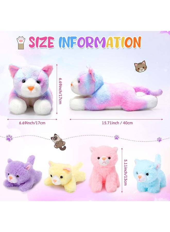 Skylety 5 Pieces Cat Stuffed Animal with Babies Inside Mommy Cat with 4 Cute Fluffy Plush Kittens in Cat's Belly Nurturing Cat Huggable Sleeping Birthday Surprise Gifts(Colorful)