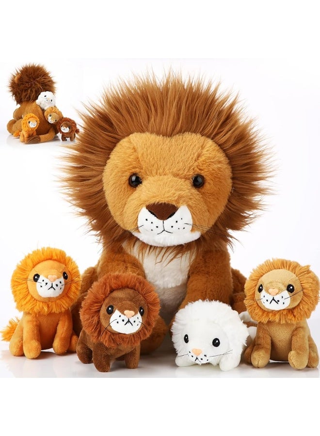 Honoson 5 Pcs Lion Plush Set Large Lion Stuffed Animal with 4 Cute Baby Lions in His Zippered Back Soft Cuddly Lion Plushie Boys Girls Birthday Favors Gifts Forest Party (Maned Lion,14 Inch)