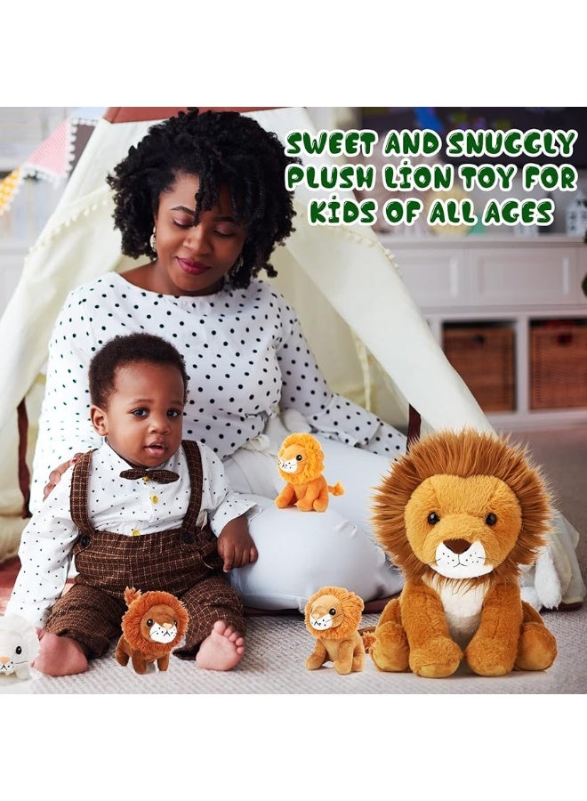 Honoson 5 Pcs Lion Plush Set Large Lion Stuffed Animal with 4 Cute Baby Lions in His Zippered Back Soft Cuddly Lion Plushie Boys Girls Birthday Favors Gifts Forest Party (Maned Lion,14 Inch)