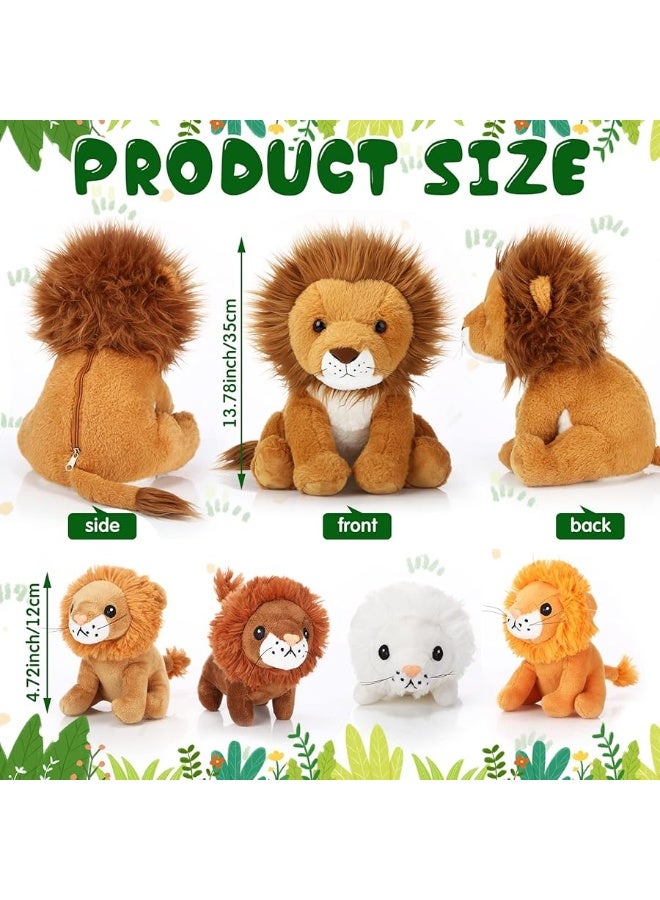 Honoson 5 Pcs Lion Plush Set Large Lion Stuffed Animal with 4 Cute Baby Lions in His Zippered Back Soft Cuddly Lion Plushie Boys Girls Birthday Favors Gifts Forest Party (Maned Lion,14 Inch)