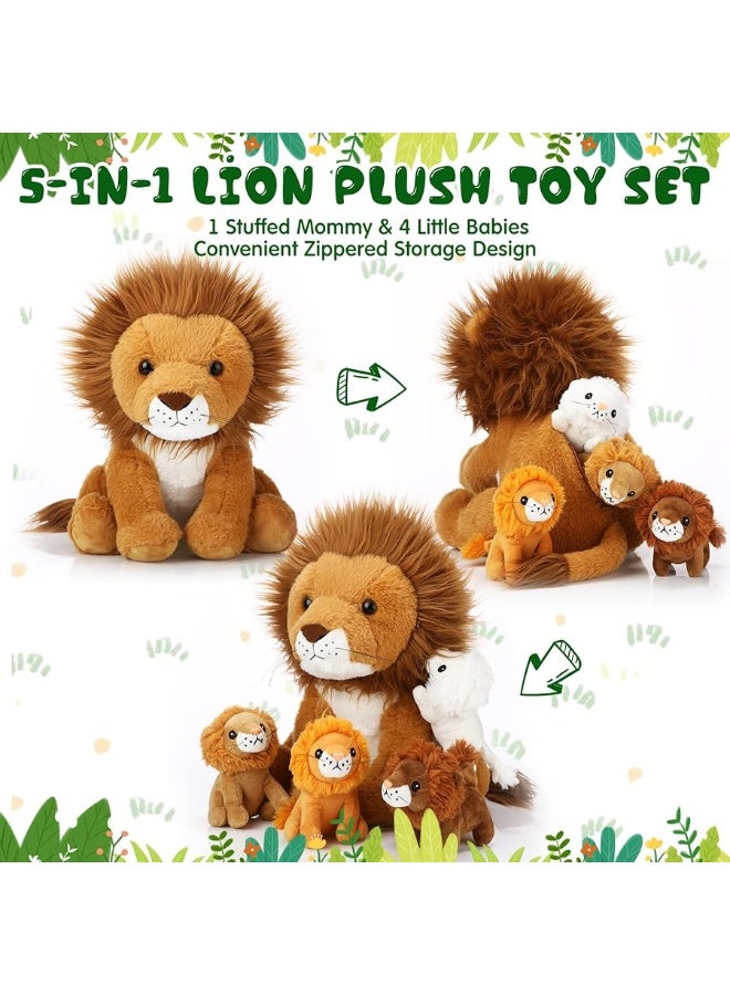 Honoson 5 Pcs Lion Plush Set Large Lion Stuffed Animal with 4 Cute Baby Lions in His Zippered Back Soft Cuddly Lion Plushie Boys Girls Birthday Favors Gifts Forest Party (Maned Lion,14 Inch)