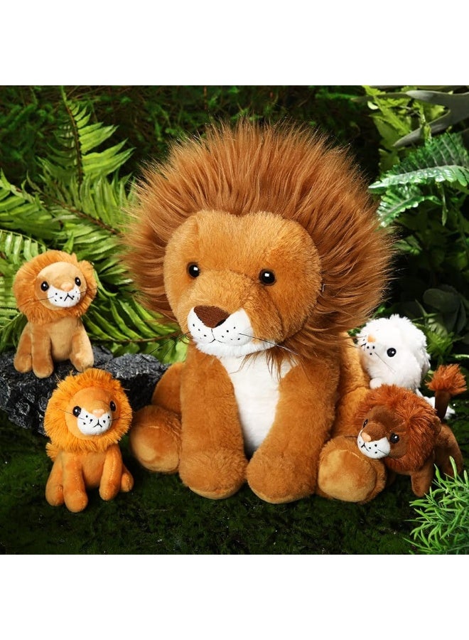 Honoson 5 Pcs Lion Plush Set Large Lion Stuffed Animal with 4 Cute Baby Lions in His Zippered Back Soft Cuddly Lion Plushie Boys Girls Birthday Favors Gifts Forest Party (Maned Lion,14 Inch)