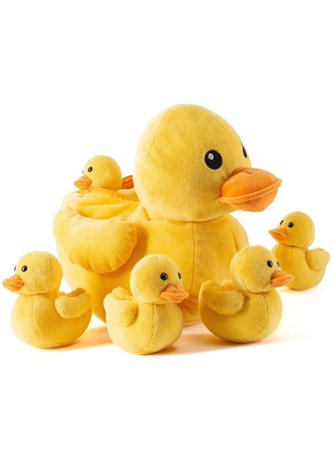 PREXTEX Plush Duck Toys Stuffed Animal with 5 Ducks Baby Stuffed Animals - Big Duck Zippers 5 Little Plush Baby Ducklings - Duck Plush Toys for Kids 3-5 - Duck & Duckling Toy - Gift for Duck Lovers