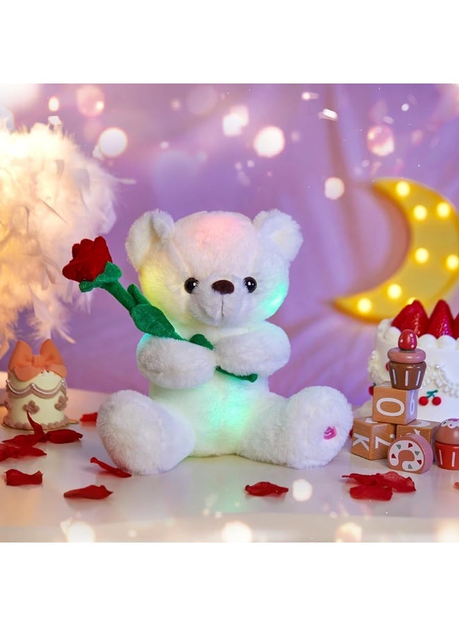 Houwsbaby Glow Teddy Bear with Rose Stuffed Animal for Graduate Soft Light Up Plush Toy LED Night Lights Valentineâ€™s Day Gifts for Kids Toddler Girlfriend, White, 10.5''