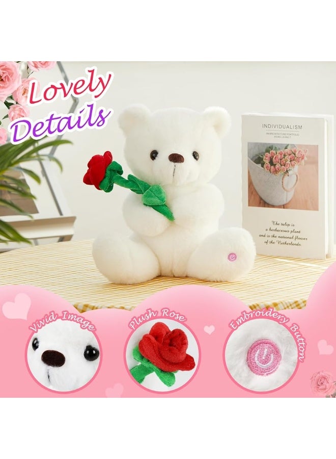 Houwsbaby Glow Teddy Bear with Rose Stuffed Animal for Graduate Soft Light Up Plush Toy LED Night Lights Valentineâ€™s Day Gifts for Kids Toddler Girlfriend, White, 10.5''