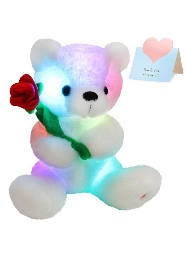 Houwsbaby Glow Teddy Bear with Rose Stuffed Animal for Graduate Soft Light Up Plush Toy LED Night Lights Valentineâ€™s Day Gifts for Kids Toddler Girlfriend, White, 10.5''