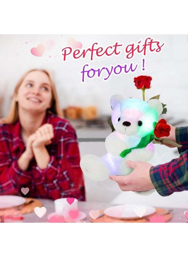 Houwsbaby Glow Teddy Bear with Rose Stuffed Animal for Graduate Soft Light Up Plush Toy LED Night Lights Valentineâ€™s Day Gifts for Kids Toddler Girlfriend, White, 10.5''
