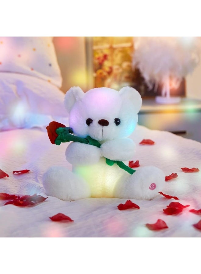 Houwsbaby Glow Teddy Bear with Rose Stuffed Animal for Graduate Soft Light Up Plush Toy LED Night Lights Valentineâ€™s Day Gifts for Kids Toddler Girlfriend, White, 10.5''