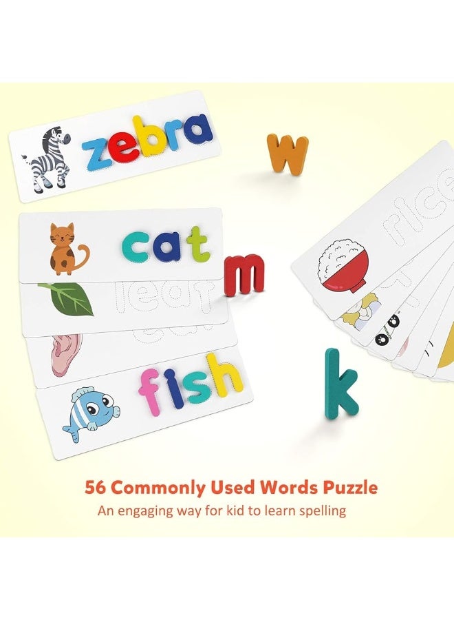 Coogam Reading & Spelling Learning Toy, Wooden Letters Flash Cards Sight Words Matching ABC Alphabet Recognition Game Preschool Educational Tool Set for 3 4 5 Years Old Boys and Girls Kids