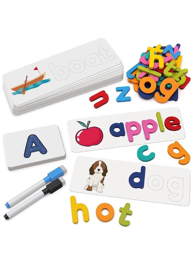 Coogam Reading & Spelling Learning Toy, Wooden Letters Flash Cards Sight Words Matching ABC Alphabet Recognition Game Preschool Educational Tool Set for 3 4 5 Years Old Boys and Girls Kids