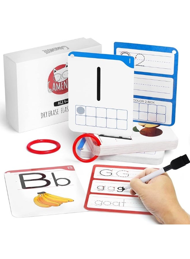 Gamenote Dry Erase Alphabet and Number Flash Cards - Write and Wipe Laminated ABC Letter Tracing Practice Card for Kindergarten (47 Flashcards with 2 Rings and Marker)