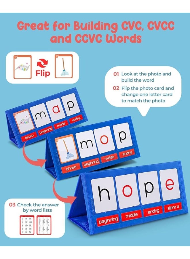 Gamenote Word Building Desktop Pocket Chart Tent Flash Cards Kit - CVC Words Phonics Games Blending Board for Kindergarten Reading and Spelling