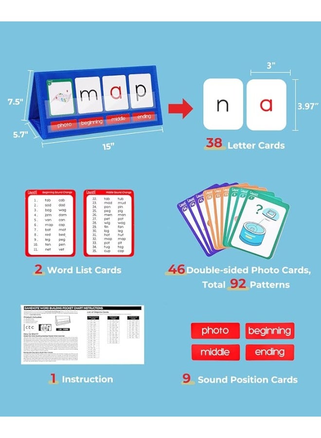 Gamenote Word Building Desktop Pocket Chart Tent Flash Cards Kit - CVC Words Phonics Games Blending Board for Kindergarten Reading and Spelling